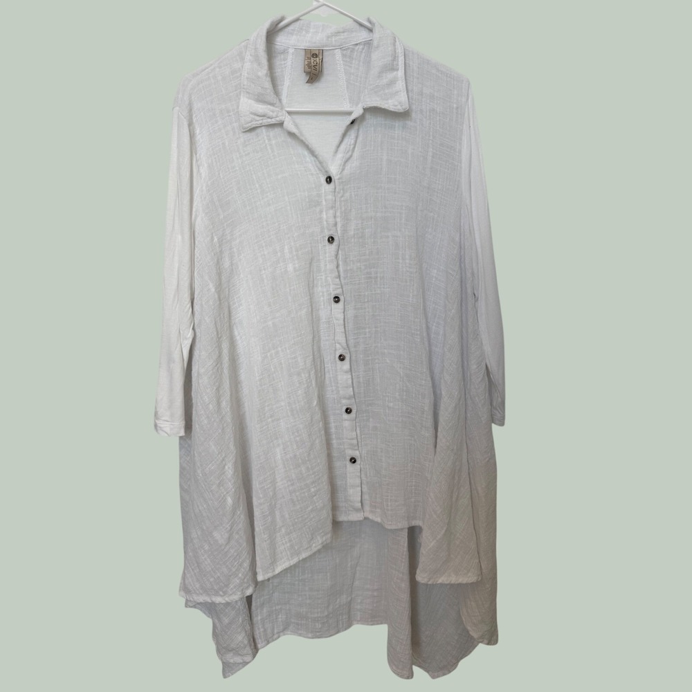 XCVI White Cotton Hi-Low Tunic Top Button Up Long Sleeve Womens Size L Lagenlook
